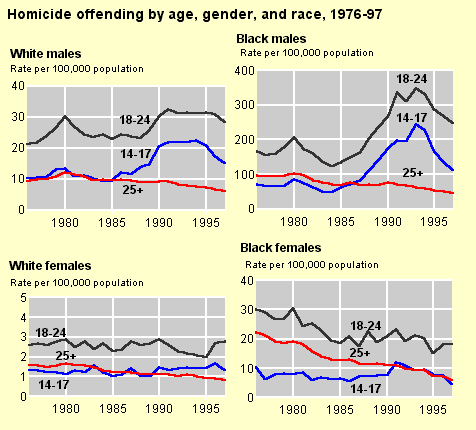 Homicide offending by age, gender and race, 1976-97